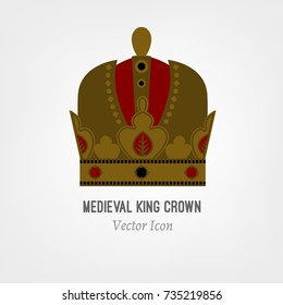 The crown of the medieval king. Beautiful vector illustration in red, bronze and black colours isolated on a light background. Flat icon concept.