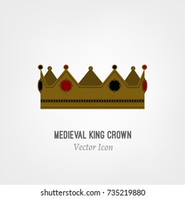 The crown of the medieval king. Beautiful vector illustration in red, bronze and black colours isolated on a light background. Flat icon concept.