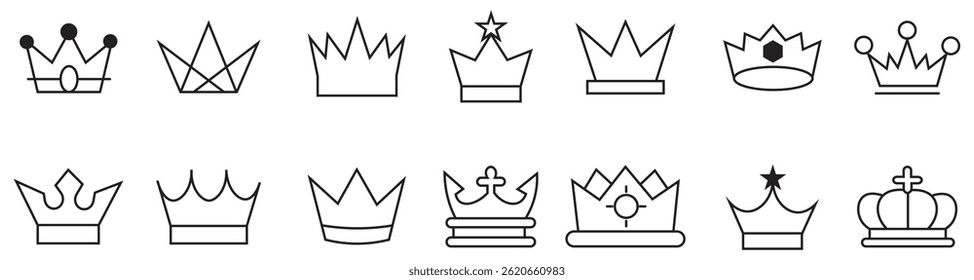 Crown mega icon set. Collection of crown silhouette.  Elegant queen or king crowns hand drawn. Royal luxury crown collection. Vector illustration.