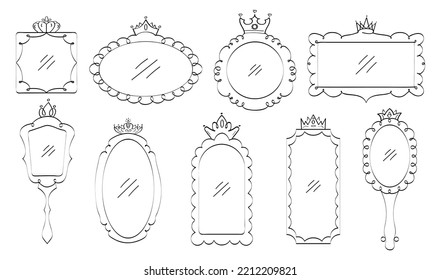 Kronspiegel, Vektorset im Doodle-Stil. King und Königin kronen Fotogrenze. Skizziert königlichen Rahmen. Einfache Demos für Prinzessin. Luxuszubehör für Prinzen. Kaiserlicher Spiegel als Graffiti handgezeichnet.