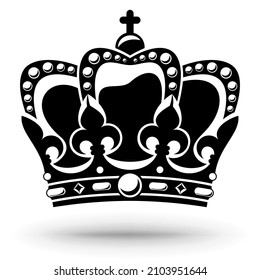 The crown of a monarch, emperor or tsar.  An attribute of power with precious stones, pearls, diamonds, etc. The silhouette of the crown is highlighted on a white background.