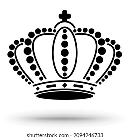 The crown of a monarch, religious leader, emperor or tsar. An attribute of power with precious stones. The silhouette of the crown is highlighted on a white background.