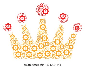 Crown mosaic of gear components. Vector gear pictograms are organized into crown collage.