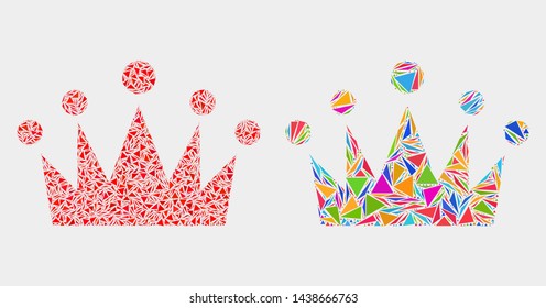 Crown mosaic icon of triangle elements which have variable sizes and shapes and colors. Geometric abstract vector illustration of crown.