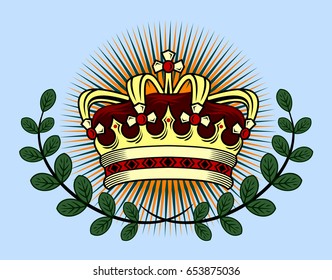 Crown on the background of rays and laurel branches. Drawing in the style of Old School Tattoos