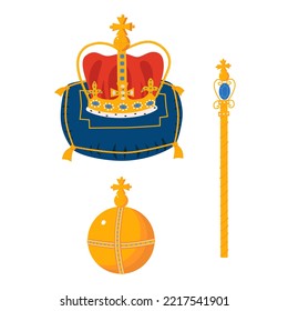 Crown on the ceremonial pillow, globus cruciger, scepter cartoon vector illustration. Royal gold jewelry. King, queen monarchy imperial symbol. Isolated on a white background.