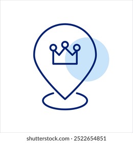Crown on map pointer. Luxury goods or hotel location. Royal travel destination or landmark. Pixel perfect vector icon