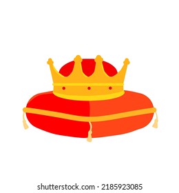 Crown on pillow. Luxury red cushion. Icon of coronation of king and queen. Victory and reward