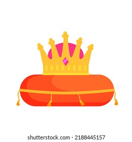 Crown on pillow. Luxury red cushion. Icon of coronation of king and queen. Victory and reward