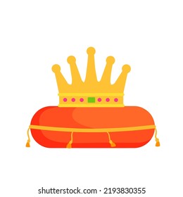 Crown on pillow. Luxury red cushion. Icon of coronation of king and queen. Victory and reward