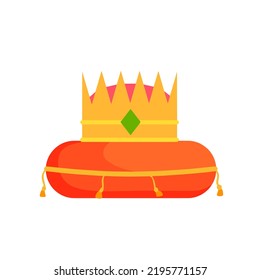 Crown on pillow. Luxury red cushion. Icon of coronation of king and queen. Victory and reward
