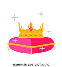 Crown on pillow. Luxury red cushion. Icon of coronation of king and queen. Victory and reward