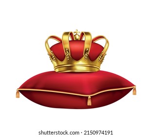 Crown on pillow realistic composition with isolated image of red pillow and golden crown on blank background vector illustration svg