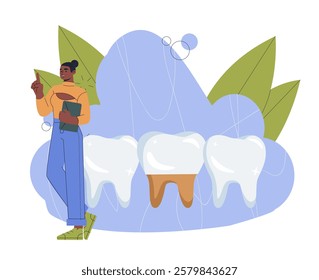 Crown on tooth. Woman near teeth with caries. Dentistry and stomatology. Healthcare and medicine. Orthodontist installs dentures. Oral hygiene. Flat vector illustration