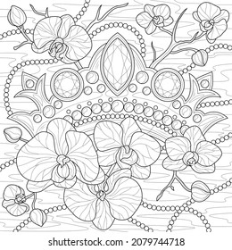 
Crown and orchids.Coloring book antistress for children and adults. Illustration isolated on white background.Zen-tangle style. Hand draw