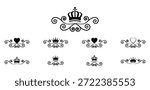 Crown ornament icon set featuring decorative royal crowns with heart symbols and elegant flourishes, suitable for logos, badges, emblems, invitations, and luxury branding use.