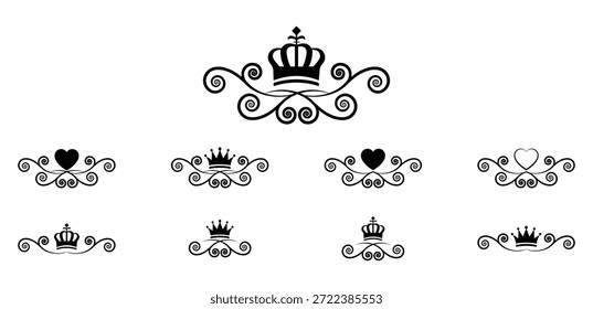 Conjunto de iconos de adornos de corona con coronas reales decorativas con símbolos de corazón y florituras elegantes, adecuado para logotipos, insignias, emblemas, invitaciones y uso de marcas de lujo.