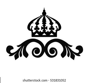 Crown with Ornate scroll and decorative design elements. Vintage Crown and Vignette Border. Calligraphic Vector illustration isolated on white background.