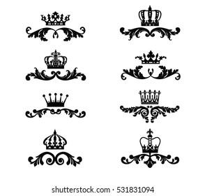 Crown with Ornate scroll and decorative design elements. Vintage Crown and Vignette Border. Calligraphic Vector illustration isolated on white background.