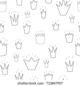 Crown painted with a thin line on a white background, a sketch in a naive style. monochrome pattern.  Freehand drawing vector  with doodles. modern seamless pattern.
