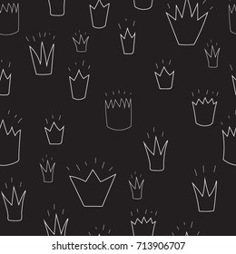 Crown painted with a thin white line on a black background, a sketch in a naive style.monochrome pattern.  Freehand drawing vector  with doodles. modern seamless pattern.
