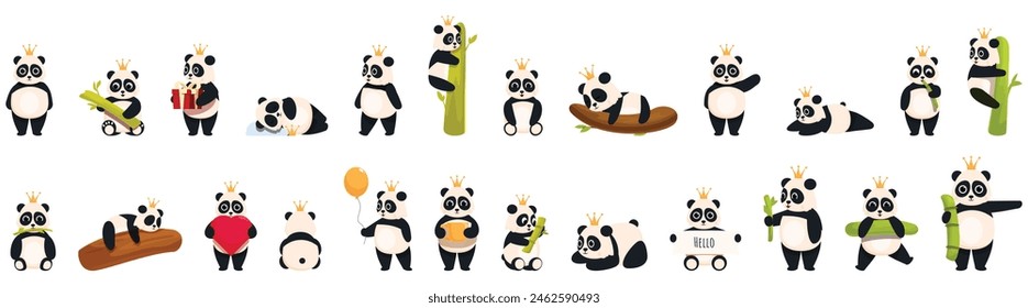 Crown panda vector. A collection of cartoon panda bears in various poses, some holding items like a book, a balloon, and a car