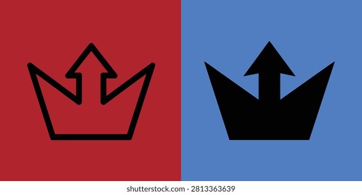 Crown or paper boat shape set in outline and solid black versions on red and blue split background
