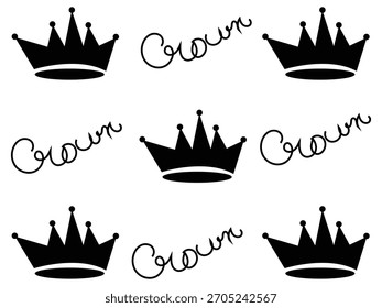 “black crown pattern with repeating royal silhouette elements", "seamless crown design featuring bold black royal icons ”“repeating black crown motif with handwritten script accents”