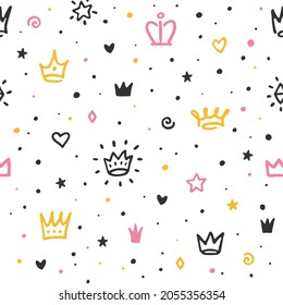 Crown pattern. Royal print, crowns wallpaper. Little prince or princess elements, cute children decoration. Girl or queen tidy vector seamless texture