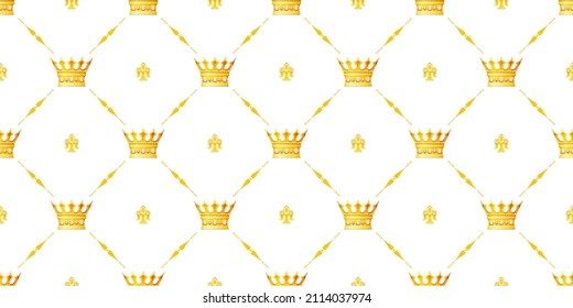 Crown pattern. Seamless background. Royal vector. Princess king queen wallpaper. Gold texture print design. Vintage retro heraldry ornament. Royalty elegant repeat crown pattern seamless illustration