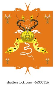 Crown with peacocks and snakes on an orange background