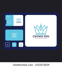 crown with pen line art logo design template