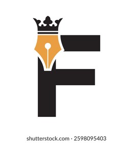 Crown Pen Logo combine with letter F vector template