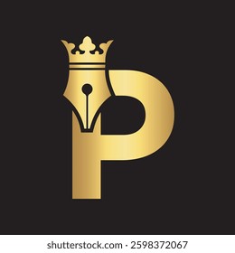 Crown Pen Logo combine with letter P
 vector template