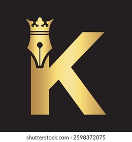 Crown Pen Logo combine with letter K
 vector template