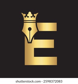Crown Pen Logo combine with letter E
 vector template