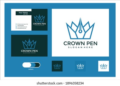 crown pen logo design with line style and business card