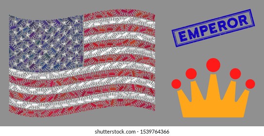 Crown pictograms are arranged into United States flag abstraction with blue rectangle corroded stamp watermark of Emperor text.