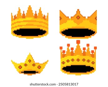 Crown pixel art icon set. Royal crowns and diadem in 8-bit retro graphic style of the 80s. Medieval kings crowns in pixel style. Design for mobile apps, banners and posters. Vector illustration