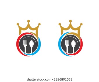 Crown Plate with fork and spoon Logo Concept sign icon symbol Element Design. Royal Restaurant Logotype. Vector illustration template