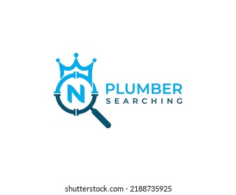 Crown Plumbing Service Find Search Logo Concept icon sign symbol Design with Letter N. Plumber, King Logotype. Vector illustration logo template