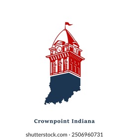 Crown point building in the Capitol city. Capital city building America. Indiana map logo with landmark. Clock tower or a lighthouse structure. Tourist attraction can be used for graphic projects.