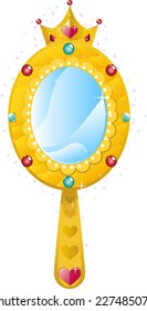 Crown princes magical golden mirror with shining hearts and diamonds vector illustration.