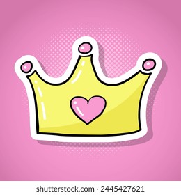 A crown for a princess. Hand-drawn sticker on retro pop art background. Doodle illustration