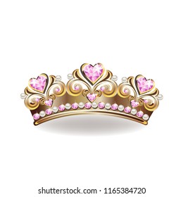 Crown of a princess with pearls and pink gemstones. Vector illustration.