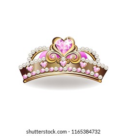 Crown of a princess with pearls and pink gemstones. Vector illustration.