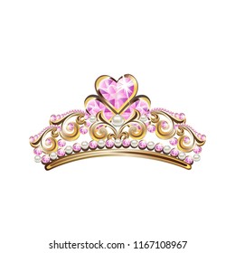 Crown of a princess with pearls and pink gemstones. Vector illustration.