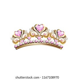 Crown of a princess with pearls and pink gemstones. Vector illustration.