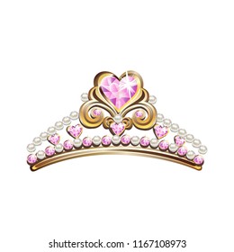 Crown of a princess with pearls and pink gemstones. Vector illustration.