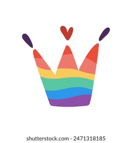 Crown in rainbow colors. Gay pride design element for LGBTQ culture decoration, t-shirt, flag, postcard, poster, social media post. Pride month.